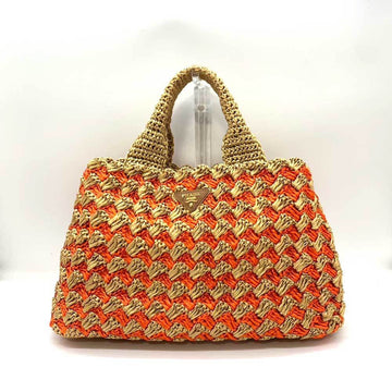 PRADA Bag Basket Orange x Beige Brown Bicolor Tote Handbag Triangle Ladies Raffia Croquette BN2303
