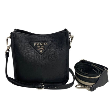 PRADA Trim Triangle Leather 2way Shoulder Bag Pochette Sacoche Black 91201