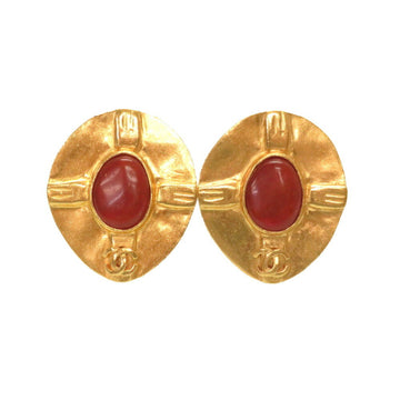 Chanel Vintage Coco Mark Stone 98P Red Gold Earrings Accessories