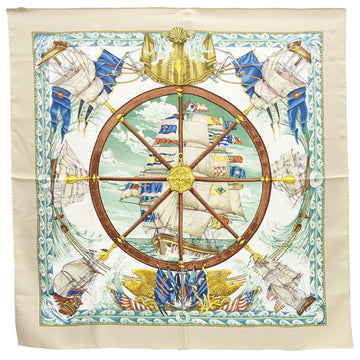 HERMES Scarf Muffler Carre 90 Windy Vive le ven Beige Multicolor Silk 100% Stole Shawl Sailboat Ship Women's