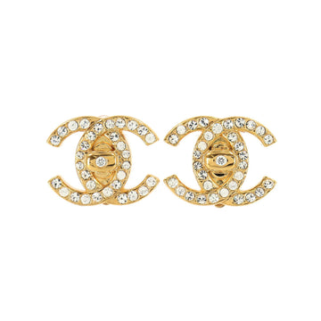 Chanel here mark turn lock earrings rhinestone gold 96A Vintage accessories Earring