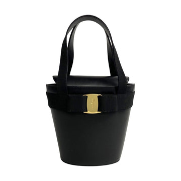 SALVATORE FERRAGAMO Vara Ribbon Hardware Calf Leather Handbag Tote Bag Black 61747