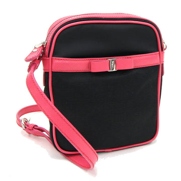 SALVATORE FERRAGAMO Ferragamo Shoulder Bag Vara 21C158 Black Pink Nylon Leather Pochette Ladies Ribbon Salvatore