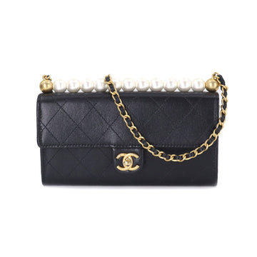 Chanel matelasse chain wallet long fake pearl leather black AP1001 gold metal fittings Chain Wallet
