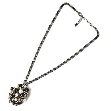 CHANEL necklace pendant CC mark rhinestone pearl black white silver