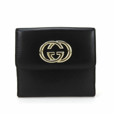 GUCCI W Wallet Compact 162759 Double G Leather Black Accessories Ladies