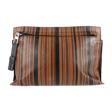LOEWE T Pouch Clutch Bag Leather Brown Black Stripe Second