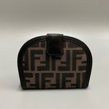 FENDI Zucca Pattern Leather Genuine Canvas Bifold Wallet Coin Case Card Black Khaki