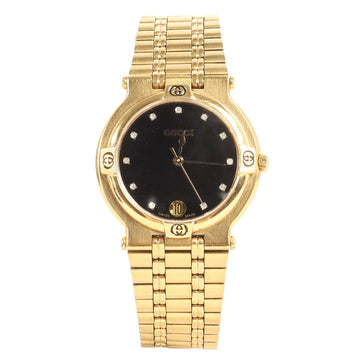 GUCCI Quartz Watch 9200M Vintage GP Black Dial Diamond 11P Gold High Luxury