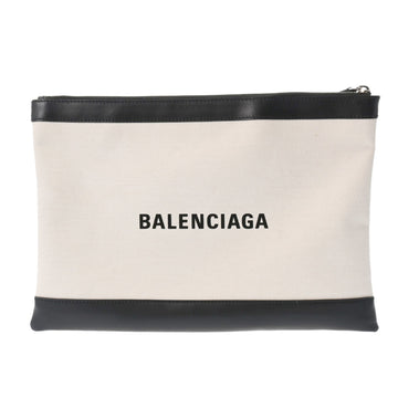 BALENCIAGA Navy Clip L Ivory/Black 373840 Men's Canvas Leather Clutch Bag