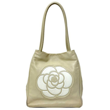 Chanel Tote Bag Beige White Camellia A20856 Leather Lambskin 7th CHANEL Flower Coco Mark Women's