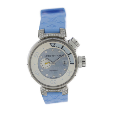LOUIS VUITTON Tambour Automatic Watch Q1330 Stainless Steel Diamond Rubber Silver Blue Shell Dial Belt: