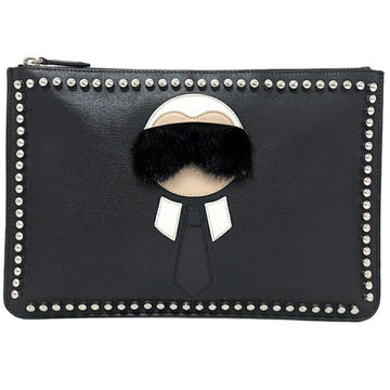 FENDI Clutch Bag Black 7N0078 Leather Studs Fur  Handbag Karl Lagerfeld Character Women's