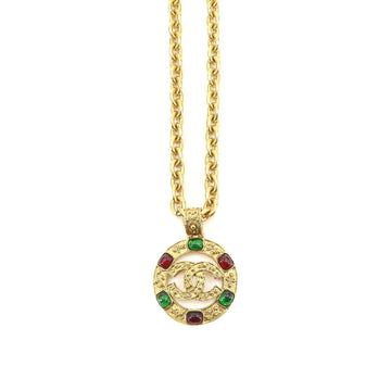 Chanel round type here mark long necklace gold red green 94A vintage accessories Vintage Necklace