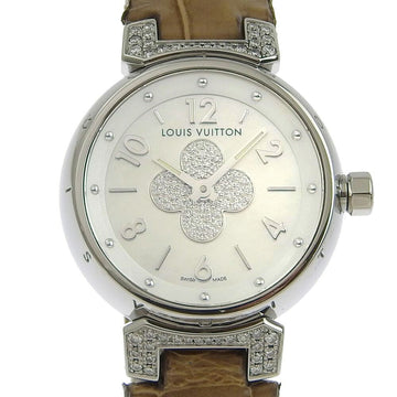 Louis Vuitton Tambour Forever Q121P Stainless Steel x Leather Brown Quartz Analog Display Women's Silver Shell Dial Watch