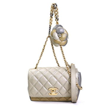 CHANEL Diagonal Shoulder Bag Matelasse Camellia Leather/Metal Greige/Gold/Gray Women's e55934a