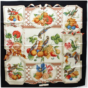 SALVATORE FERRAGAMOFerragamo silk scarf muffler black x cream bird pattern fruit  women's paper