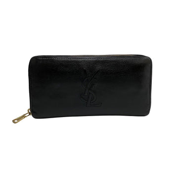 YVES SAINT LAURENT YSL Logo Stitch Leather Genuine Round Zip Long Wallet Black 16751