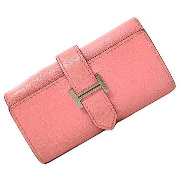 HERMES 4 consecutive key case pink silver Bearn H leather metal Epson C engraved  holder places ladies