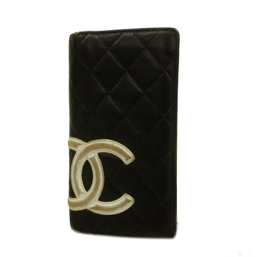 CHANELAuth  Cambon Bi-fold Long Wallet Silver Metal Fittings Leather Black,Pink