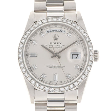 Rolex Day-Date Bezel Diamond New Closure 10P 18346A Men's PT Watch Automatic Silver Dial