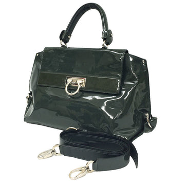 SALVATORE FERRAGAMO Patent Leather 2way Bag Sofia BW-21 A896 Gancini Moss Green Back Ladies aq8817