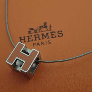 HERMES Necklace H Cube Cage Do Ash Silver Orange Enamel Pendant Chain Ladies