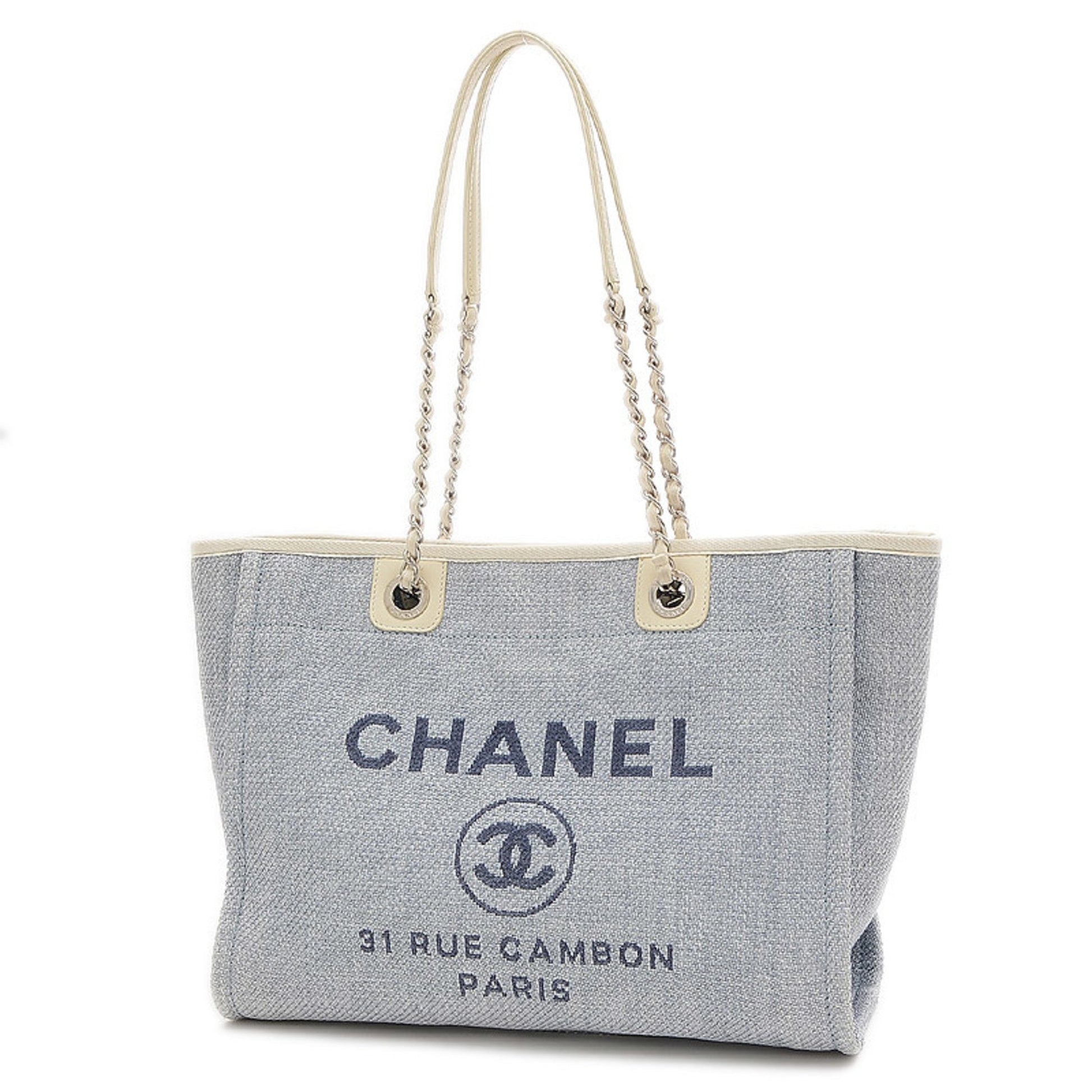 Chanel Deauville MM Chain Tote Bag Raffia Light Blue A67001