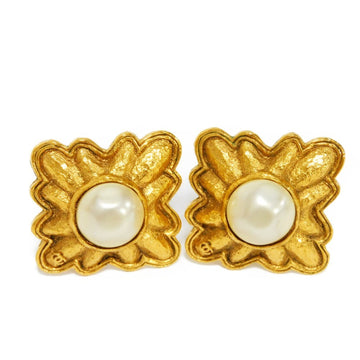 CHANEL Earrings Flower Costume Pearl Coco Mark Diamond Sun Leaf 26 1991 2795 Gold CC Ivory Ladies Accessories Jewelry