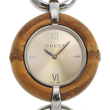 GUCCI Bamboo Watch 132.4 Stainless Steel x Swiss Made Brown Quartz Analog Display Gold Dial Ladies