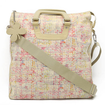 CHANEL tweed pattern tote bag shoulder clover charm canvas leather pink multicolor