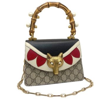Gucci GG Supreme 2WAY Shoulder Bag Handbag Bamboo Top Handle Fox with Pearl 466428 Women's Collection Limited