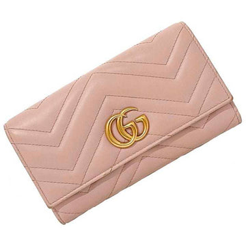 GUCCI Bifold Long Wallet Pink Gold GG Marmont 443436 Leather GP  Flap Stitch Metal Fittings Quilting Ladies