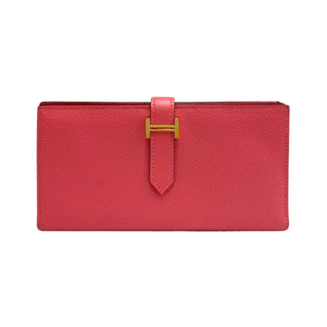 HERMES Beance Souffle Gold Metal Fittings Vaux Epson Leather Genuine Bifold Long Wallet Pink