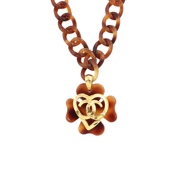 Chanel Tortoiseshell Pattern Coco Mark Clover Heart Necklace Brown Gold 95P Accessories Vintage