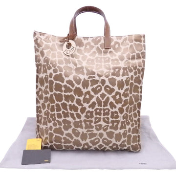FENDI Handbag Leopard Light Bronze x Beige Satin Canvas Tote Bag