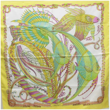 SALVATORE FERRAGAMO silk scarf tropical fish white x yellow  ladies