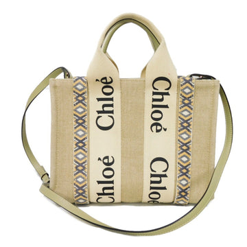 CHLOE  Handbag Woody Small Tote Bag WOODY Logo Linen 2WAY Handmade Embroidery Natural Ladies