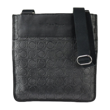 SALVATORE FERRAGAMO Gancini Shoulder Bag 21 4933 PVC Leather Black Silver Hardware Sacoche Pochette No gusset
