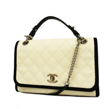 Chanel Matelasse W-chain Women's Caviar Leather Shoulder Bag Black,Ivory