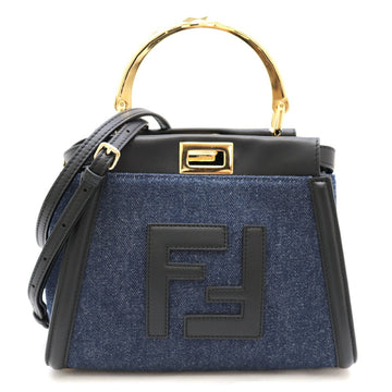Fendi Peekaboo Mini Denim Shoulder Bag Ladies Black Navy FF Leather Handbag
