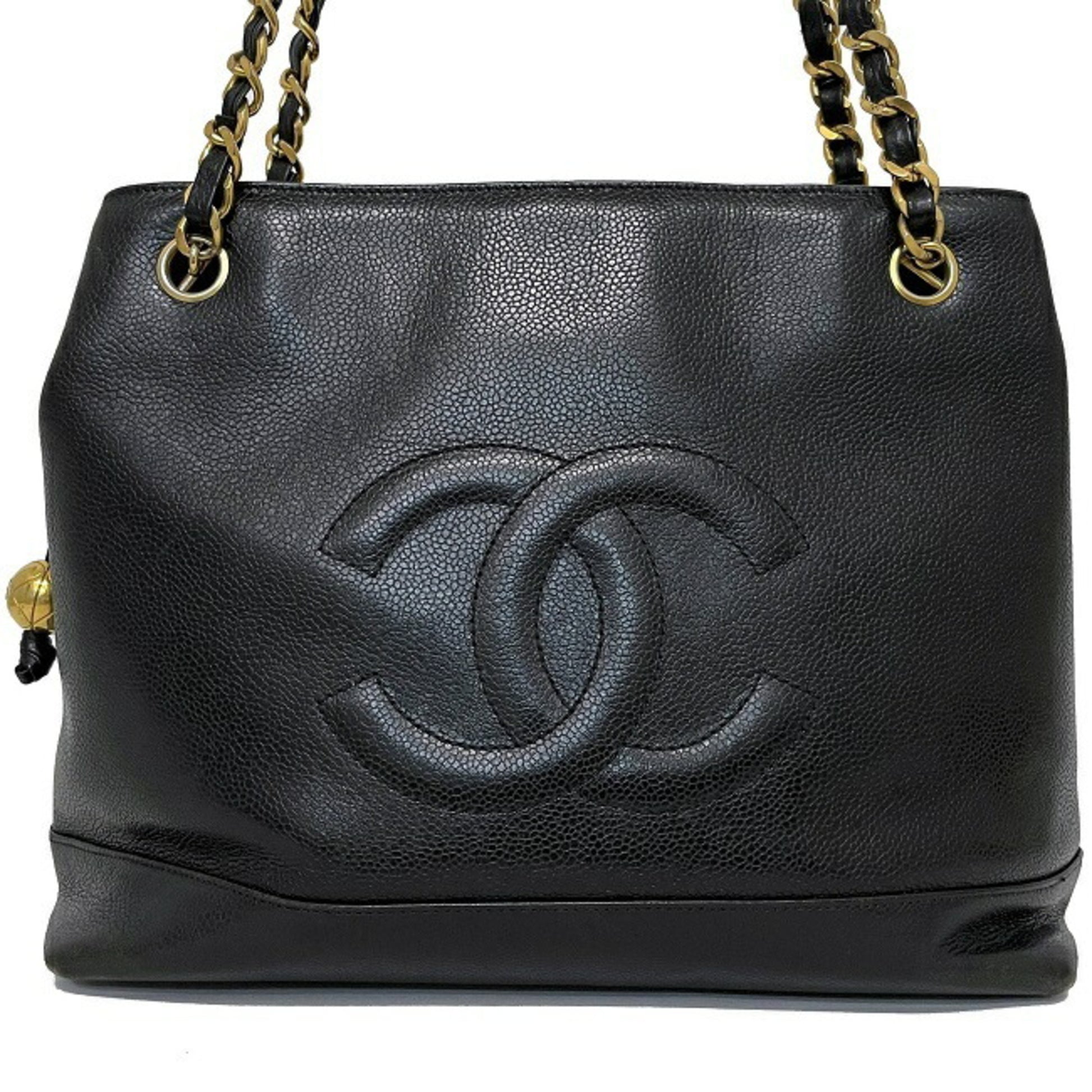 Chanel Chain Shoulder Tote Bag Black Gold Soft Caviar Stitch Ball Used