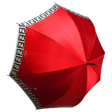 FENDI Zucca Rain Umbrella Long Women's Two Tone Brand Logo FF Pattern Polyester Gold Metal Fittings Red