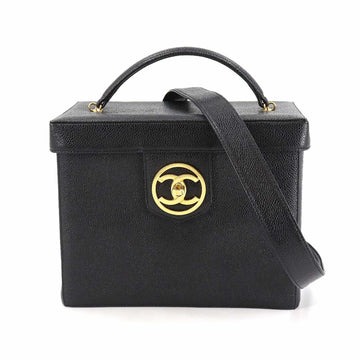Chanel vanity 2way hand shoulder bag caviar skin leather black vintage gold metal fittings Vanity Bag