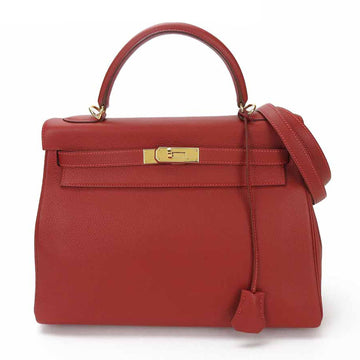 HERMES Kelly 32 F engraved handbag shoulder togo rouge red ladies  Hand Bag