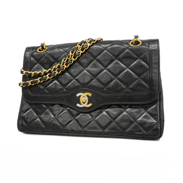 Chanel Matelasse Paris Limited W Flap W Chain Leather Shoulder Bag Black
