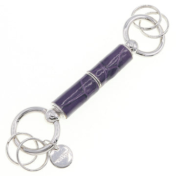 BOTTEGA VENETA Key Ring Silver Purple Metal Leather Keychain Women Men Crocodile