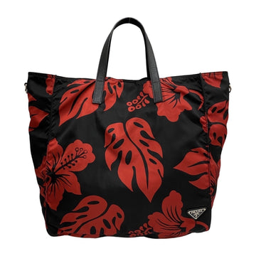 PRADA Triangle Logo Metal Fittings Nylon Leather Genuine Hibiscus Flower Pattern Tote Bag Black