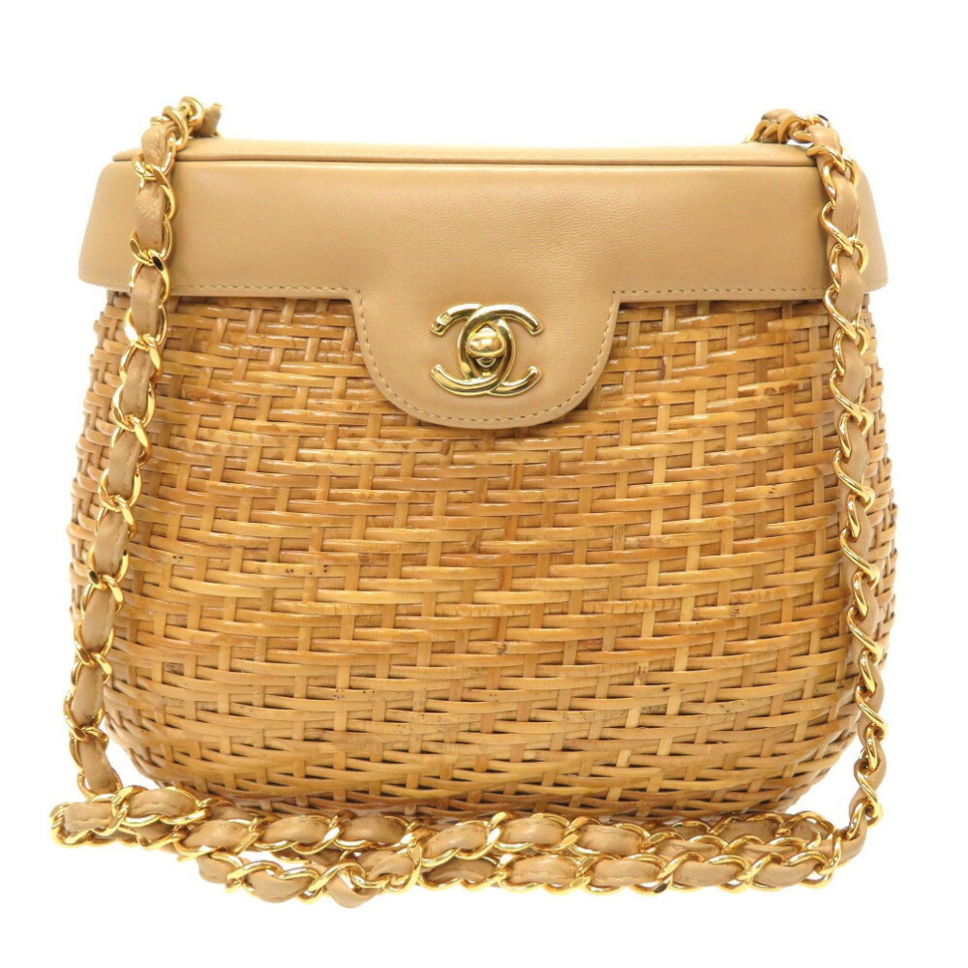 Chanel basket bag straw leather beige 5th series Coco mark turn lock s