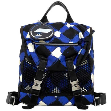 Chanel blue black white airline A93326 nylon leather CHANEL check rucksack flap ladies